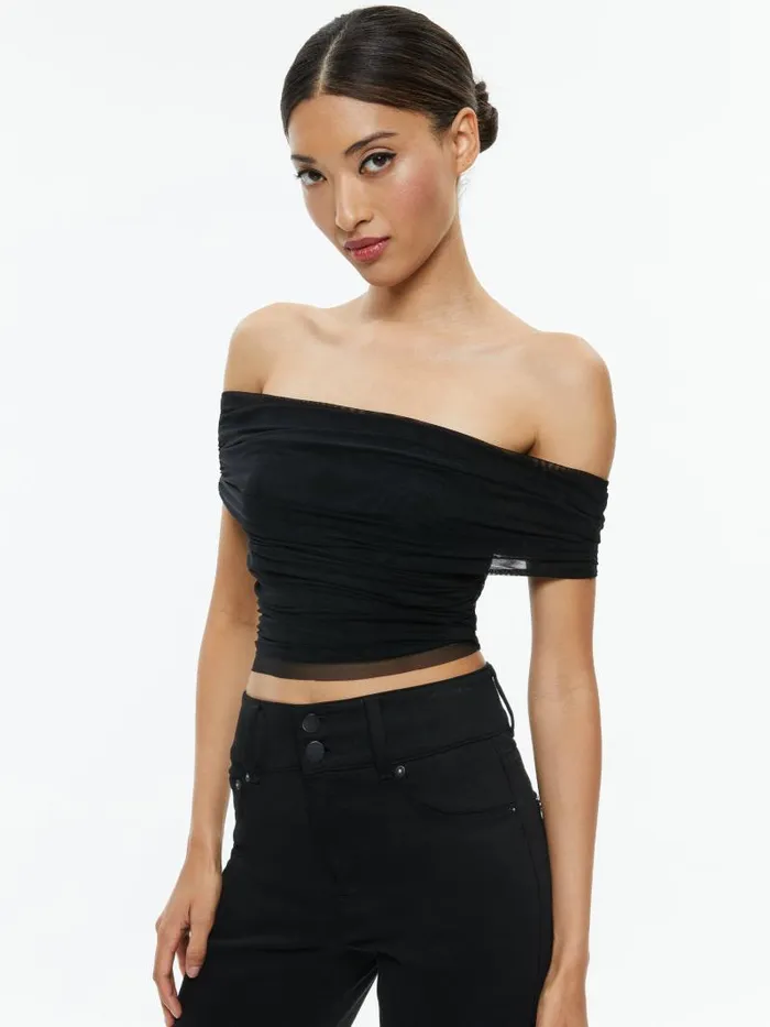 Alice Olivia ISADOLA OVER THE SHOULDER RUCHED TOP Black Women Tops