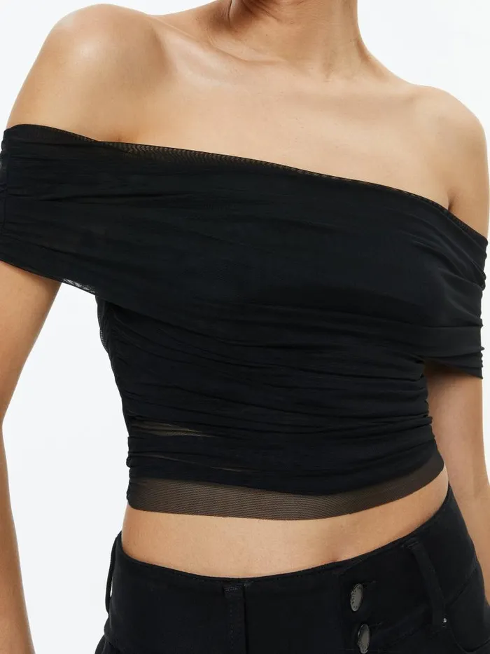 Alice Olivia ISADOLA OVER THE SHOULDER RUCHED TOP Black Women Tops