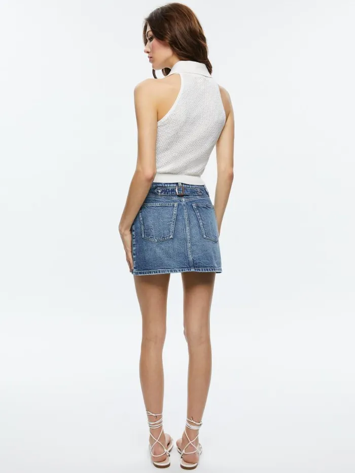 Alice Olivia JOSS HIGH RISE BUCKLE BACK MINI SKIRT Brooklyn Blue Women Skirts