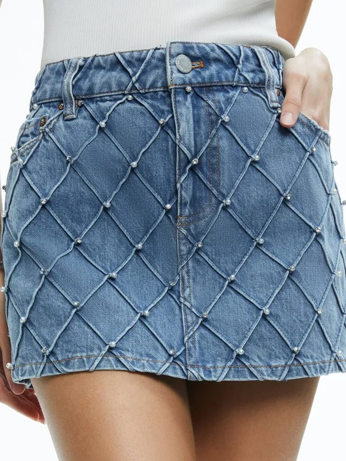 Alice Olivia JOSS HIGH RISE QUILTED EMBELLISHED MINI SKIRT Light Indigo Women Skirts