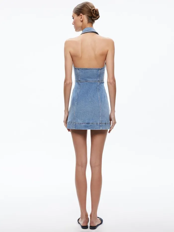 Alice Olivia KENDALL DENIM HALTER MINI DRESS Ivy Blue Women Dresses