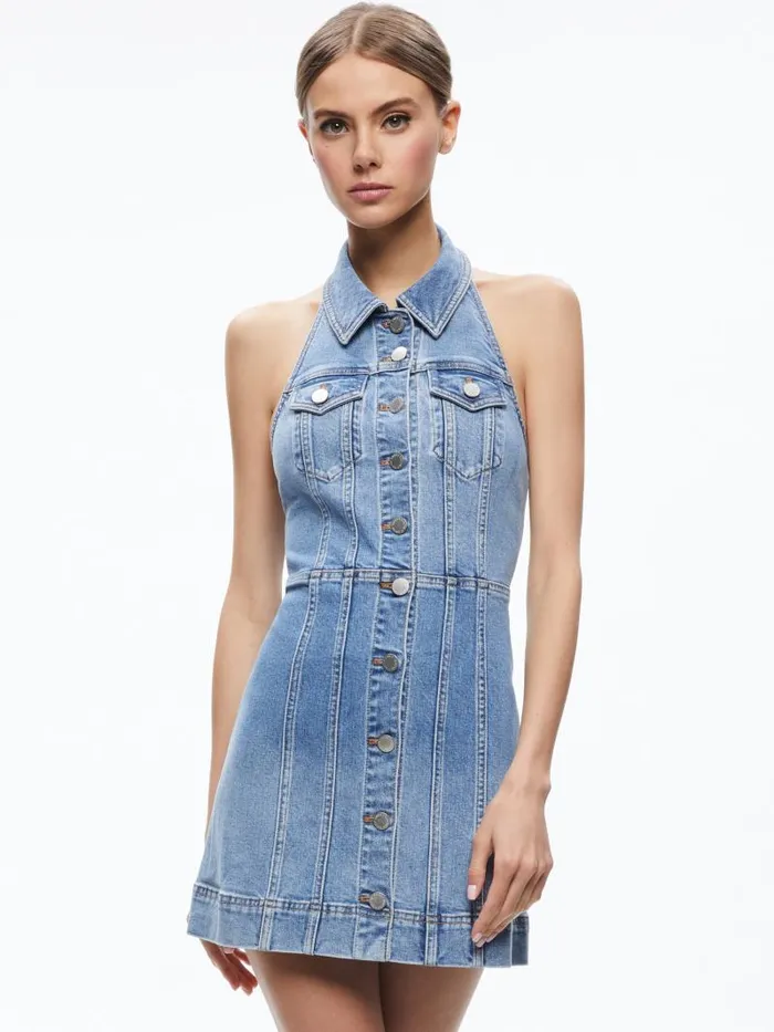 Alice Olivia KENDALL DENIM HALTER MINI DRESS Ivy Blue Women Dresses