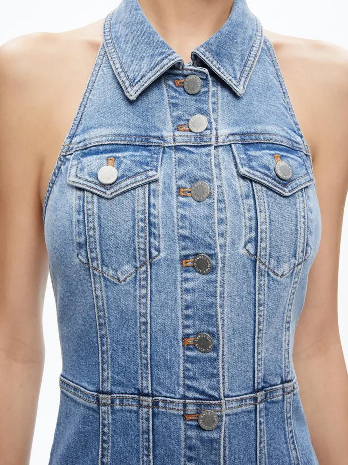 Alice Olivia KENDALL DENIM HALTER MINI DRESS Ivy Blue Women Dresses
