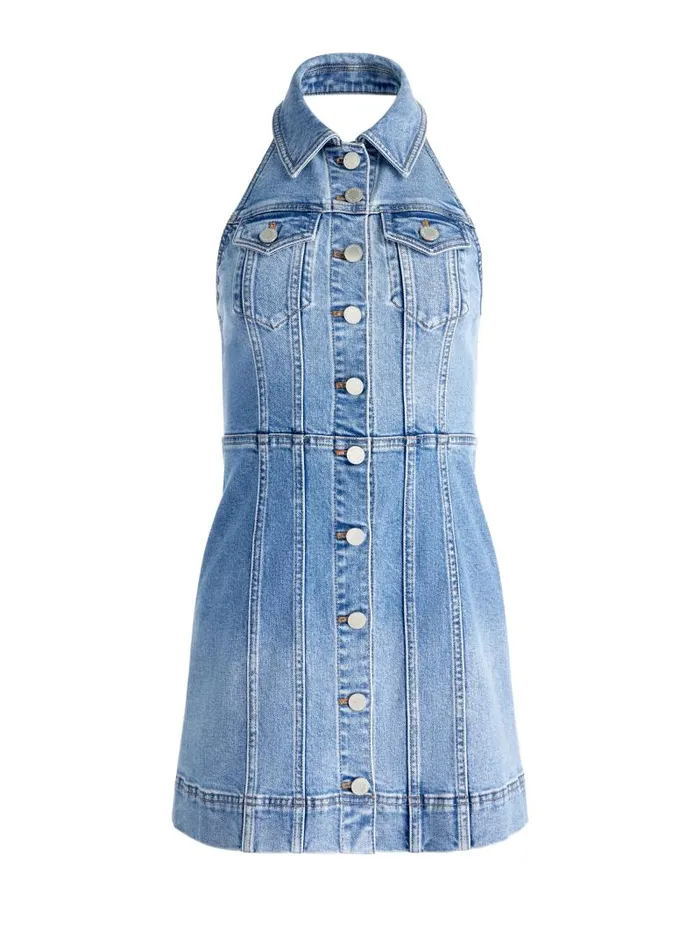 Alice Olivia KENDALL DENIM HALTER MINI DRESS Ivy Blue Women Dresses