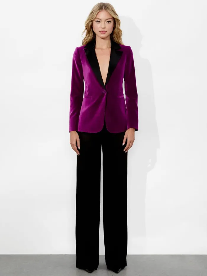 Alice Olivia MACEY NOTCH COLLAR VELVET BLAZER WITH COMBO LAPEL Black Women Jackets Coats