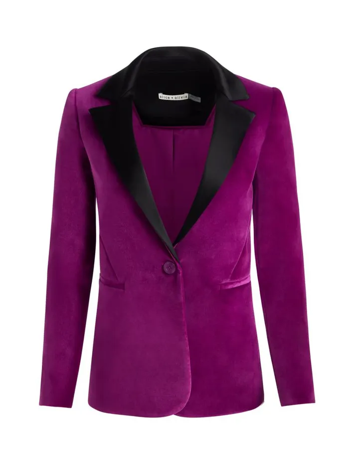 Alice Olivia MACEY NOTCH COLLAR VELVET BLAZER WITH COMBO LAPEL Black Women Jackets Coats