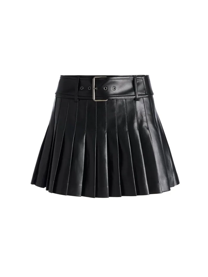 Alice Olivia MERA LOW RISE VEGAN LEATHER PLEATED SKIRT Black Women Skirts