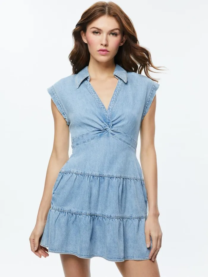 Alice Olivia MILA DENIM TWIST FRONT MINI DRESS Leona Light Blue Women Dresses