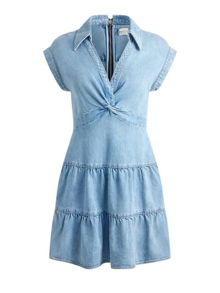 Alice Olivia MILA DENIM TWIST FRONT MINI DRESS Leona Light Blue Women Dresses