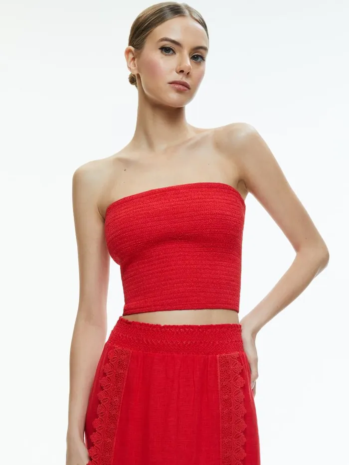 Alice Olivia PENELOPE SMOCKED STRAPLESS CROP TOP Bright Ruby Women Tops