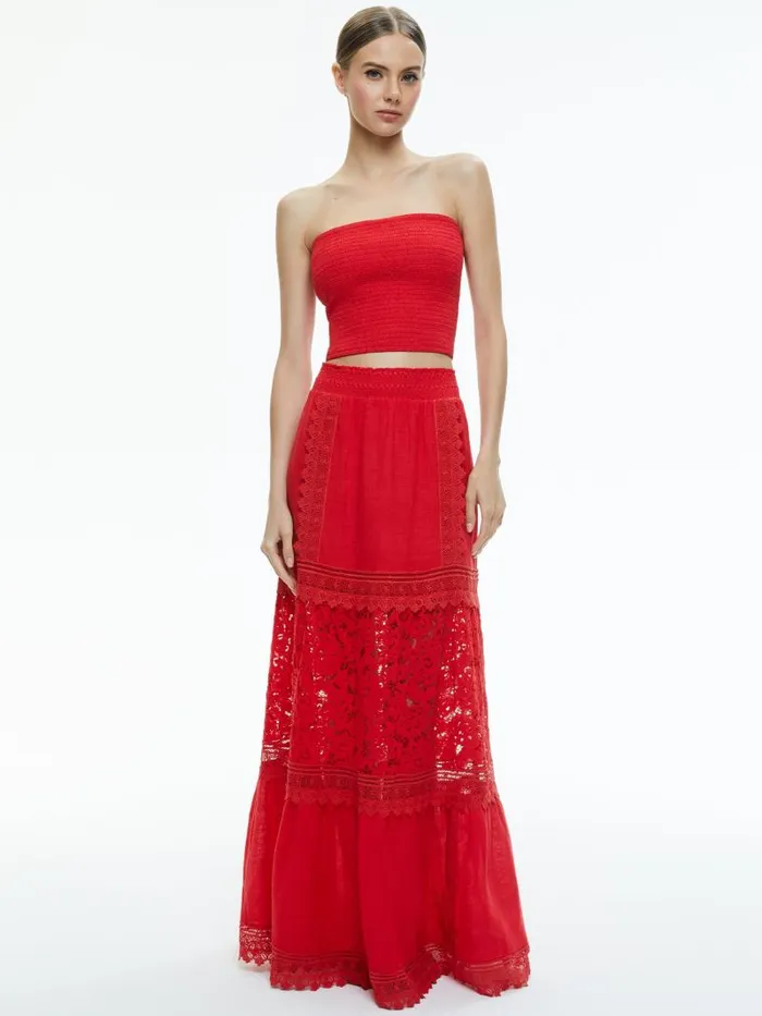 Alice Olivia PENELOPE SMOCKED STRAPLESS CROP TOP Bright Ruby Women Tops