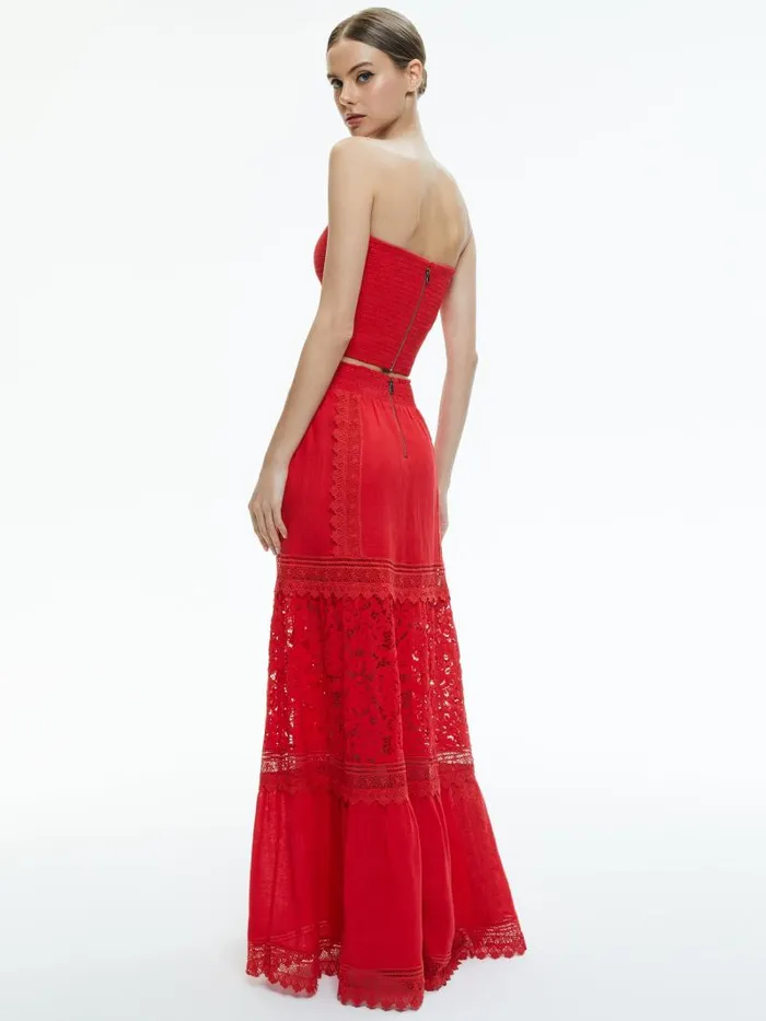 Alice Olivia PENELOPE SMOCKED STRAPLESS CROP TOP Bright Ruby Women Tops