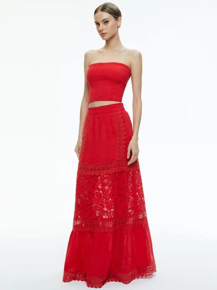 Alice Olivia PENELOPE SMOCKED STRAPLESS CROP TOP Bright Ruby Women Tops