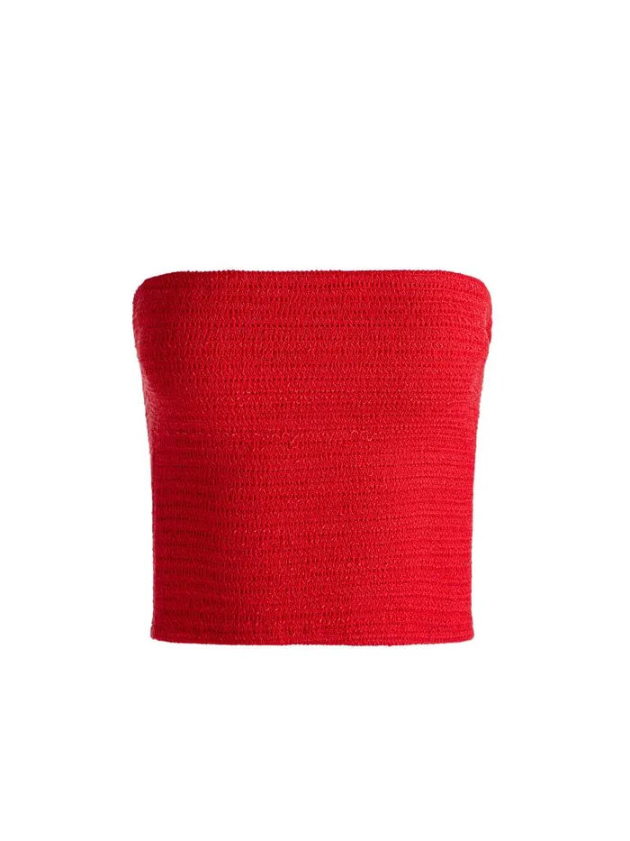 Alice Olivia PENELOPE SMOCKED STRAPLESS CROP TOP Bright Ruby Women Tops