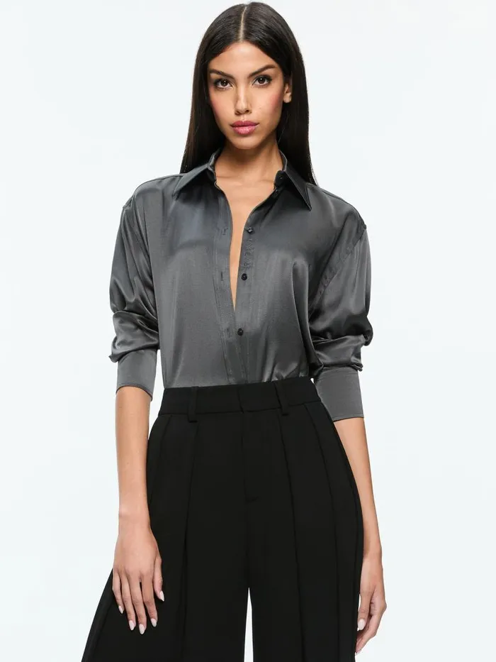 Alice Olivia PERFECT BUTTON DOWN Charcoal Women Tops