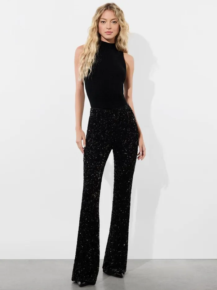 Alice Olivia RMP SEQUIN BACKZIP BOOTCUT PANT Black Women Pants