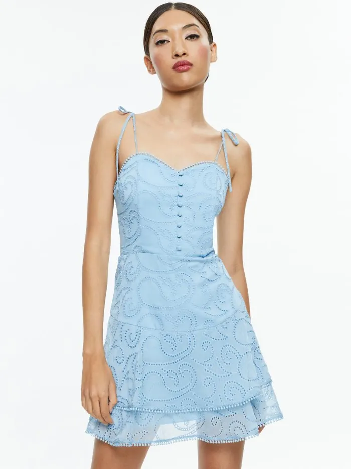 Alice Olivia ROSETTE SWEETHEART NECK RUFFLE MINI DRESS Mineral Blue Women Dresses