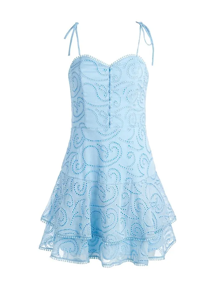 Alice Olivia ROSETTE SWEETHEART NECK RUFFLE MINI DRESS Mineral Blue Women Dresses