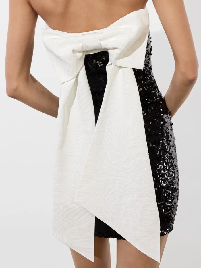 Alice Olivia SIBELLA SEQUIN STRAPLESS DRAPED BOW BACK MINI DRESS Blackoff White Women Dresses