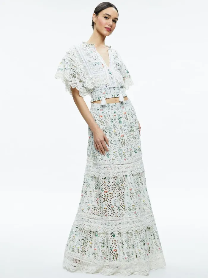 Alice Olivia TABITHA LACE BUTTON FRONT CROPPED BLOUSE Georgia Floral Women Tops