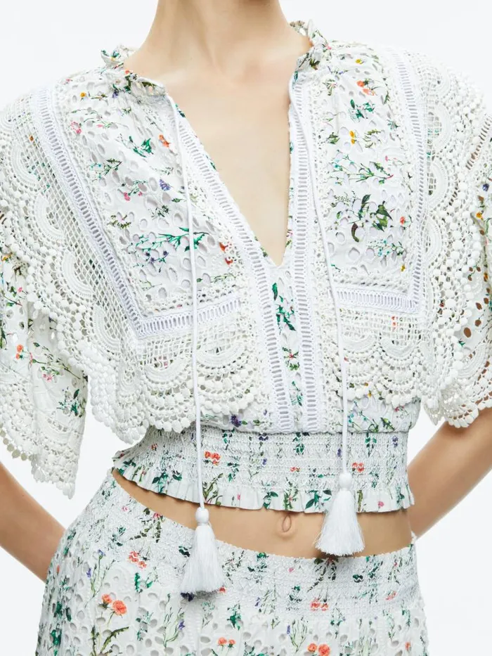 Alice Olivia TABITHA LACE BUTTON FRONT CROPPED BLOUSE Georgia Floral Women Tops