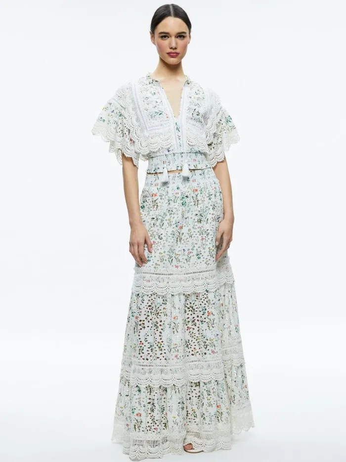 Alice Olivia TABITHA LACE BUTTON FRONT CROPPED BLOUSE Georgia Floral Women Tops