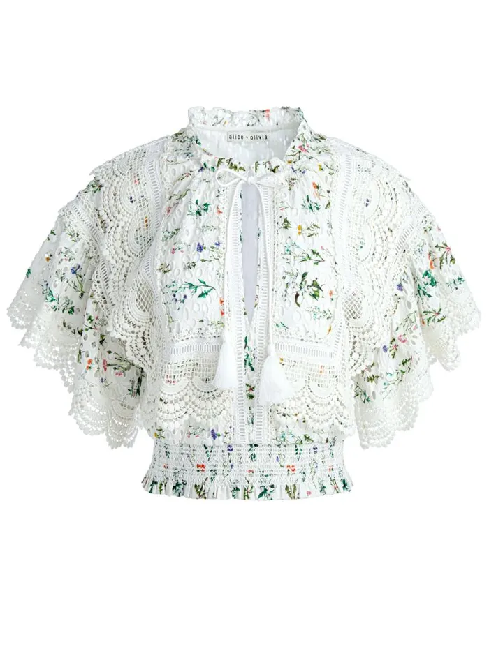 Alice Olivia TABITHA LACE BUTTON FRONT CROPPED BLOUSE Georgia Floral Women Tops