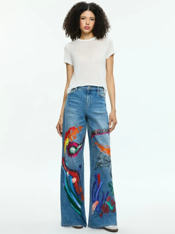Alice Olivia TUCKER PAINTED BAGGY JEAN WITH DARTED KNEE Avery Bluemulti Women Pants