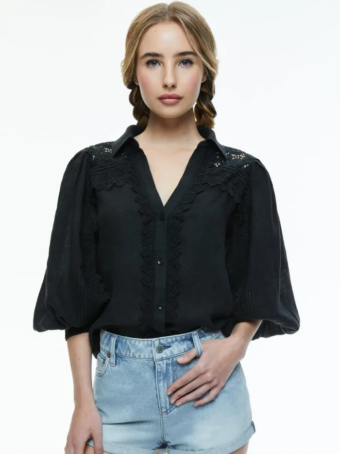 Alice Olivia VENTY BUTTON FRONT BLOUSE Black Women Tops