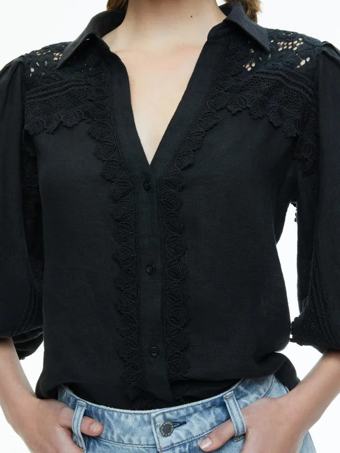 Alice Olivia VENTY BUTTON FRONT BLOUSE Black Women Tops