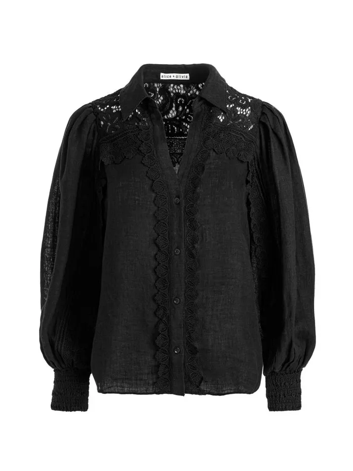 Alice Olivia VENTY BUTTON FRONT BLOUSE Black Women Tops