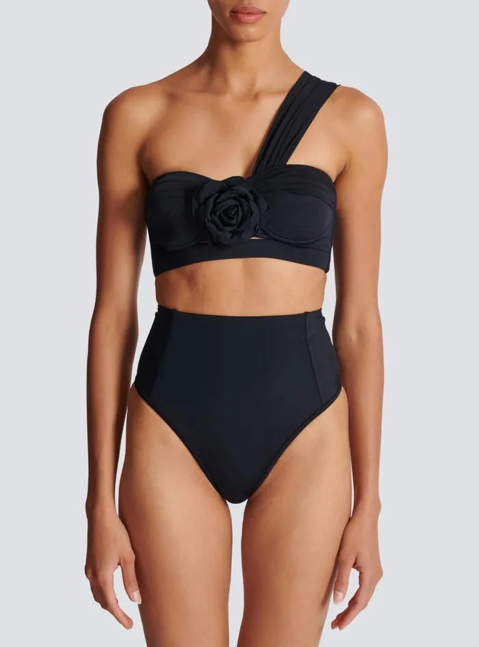 Asymmetric Twopiece Swimming Costume Black Women Balmain Swimwear
