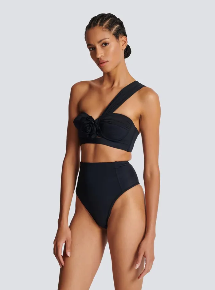 Asymmetric Twopiece Swimming Costume Black Women Balmain Swimwear