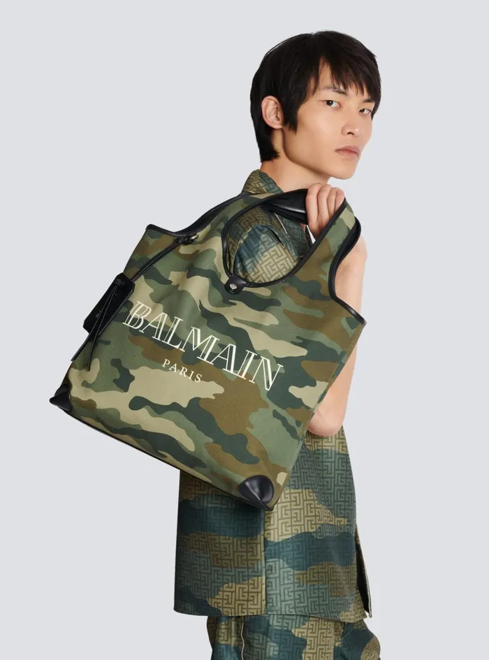 BArmy Grocery Bag In Camouflage Print Canvas Khaki Men Balmain Bags And Backpacks