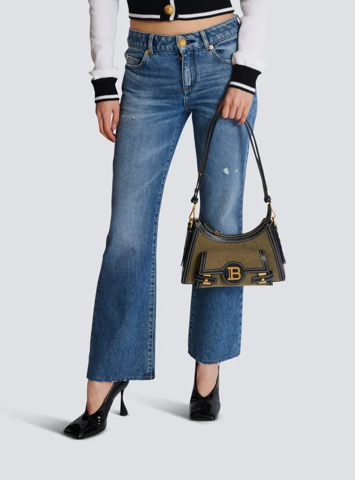 BBuzz Hobo Bag In Leather And Canvas Khaki Women Balmain Crossbody Bags