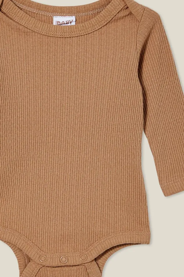 Baby Rompers and All In Ones Cotton On Organic Newborn Pointelle Long Sleeve Bubbysuit Taupy Brown
