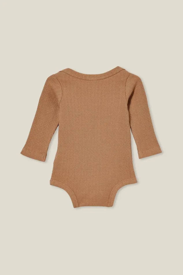Baby Rompers and All In Ones Cotton On Organic Newborn Pointelle Long Sleeve Bubbysuit Taupy Brown