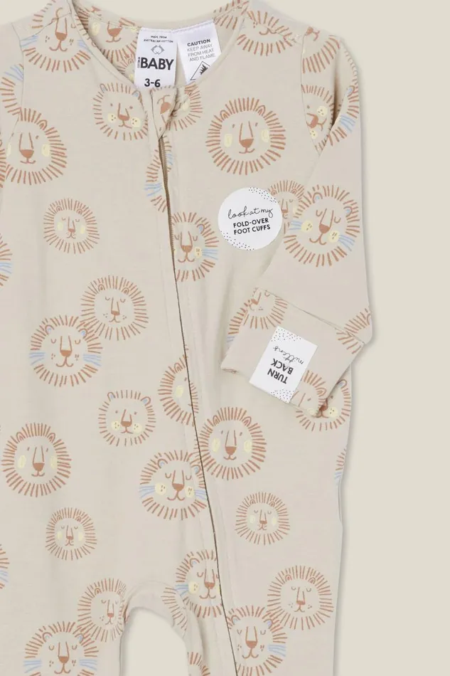 Baby Rompers and All In Ones Cotton On The Billie Long Sleeve Zip Romper Rainy Daylion Roar