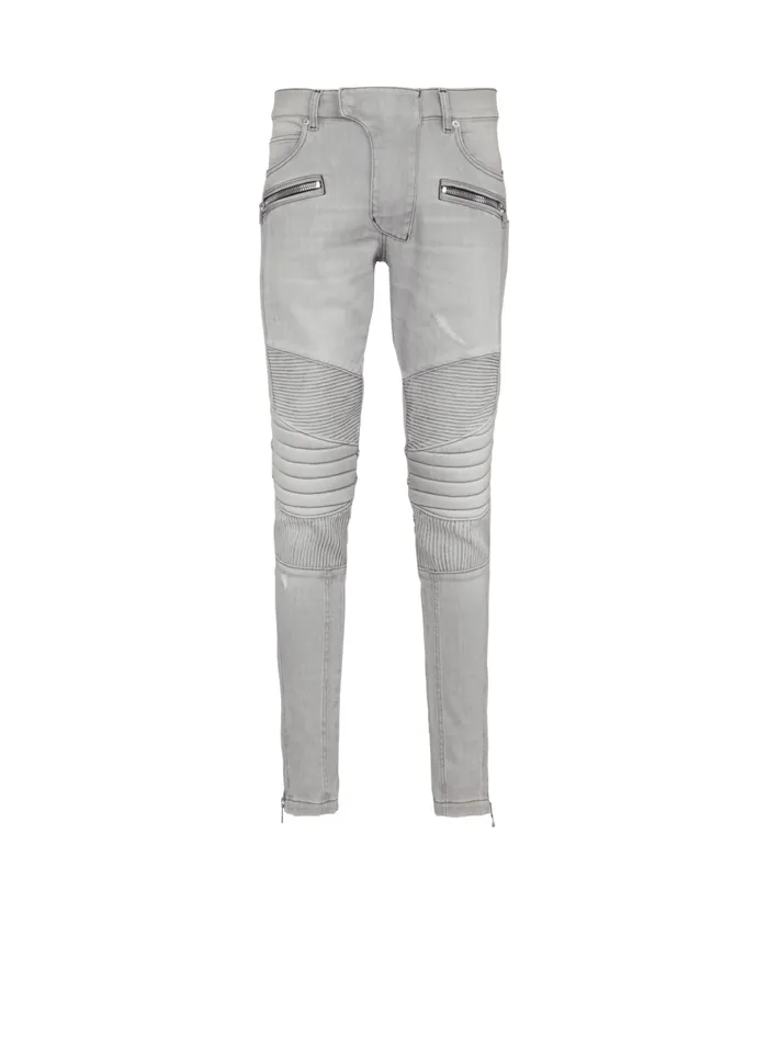 Biker Jeans In Grey Quilted Denim Grey Men Balmain Denim