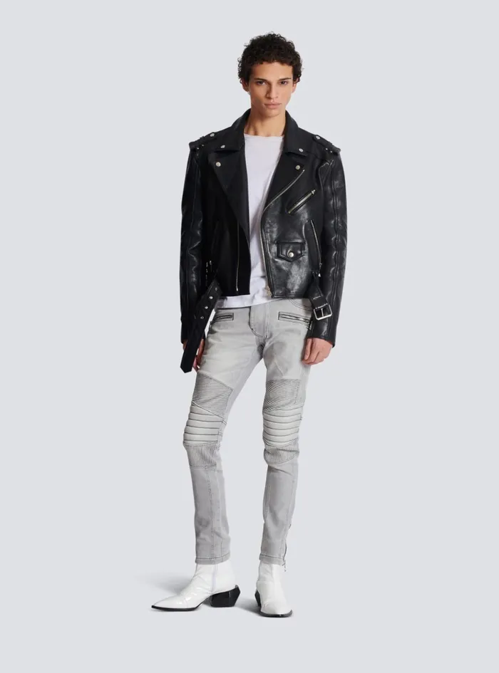 Biker Jeans In Grey Quilted Denim Grey Men Balmain Denim