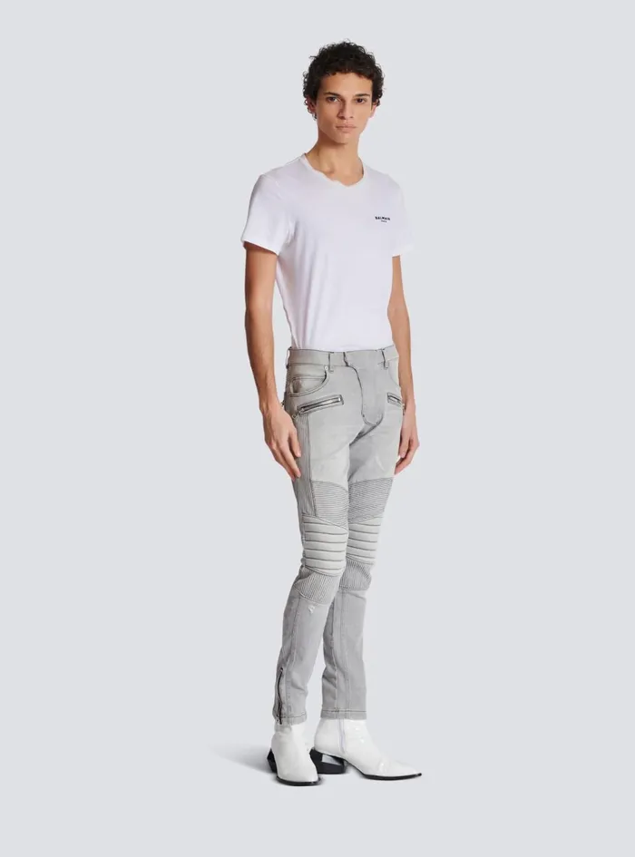 Biker Jeans In Grey Quilted Denim Grey Men Balmain Denim