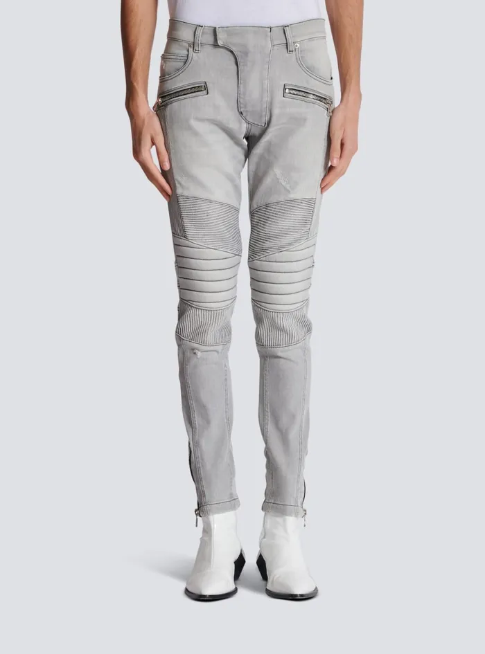 Biker Jeans In Grey Quilted Denim Grey Men Balmain Denim