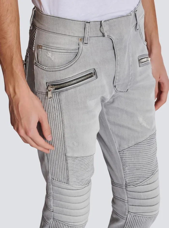 Biker Jeans In Grey Quilted Denim Grey Men Balmain Denim