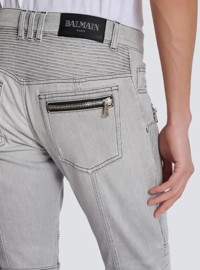 Biker Jeans In Grey Quilted Denim Grey Men Balmain Denim