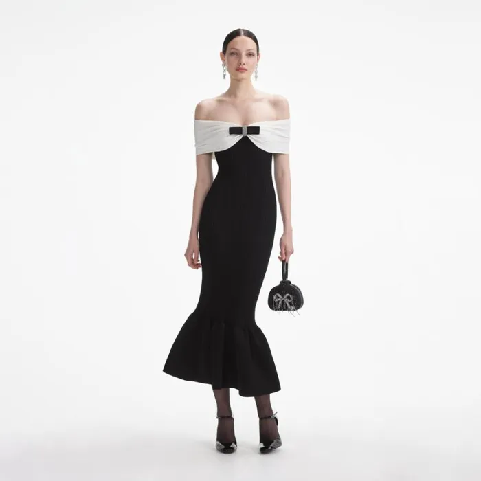 Black Knit Bow Midi Dress Women Self Portrait Dresses