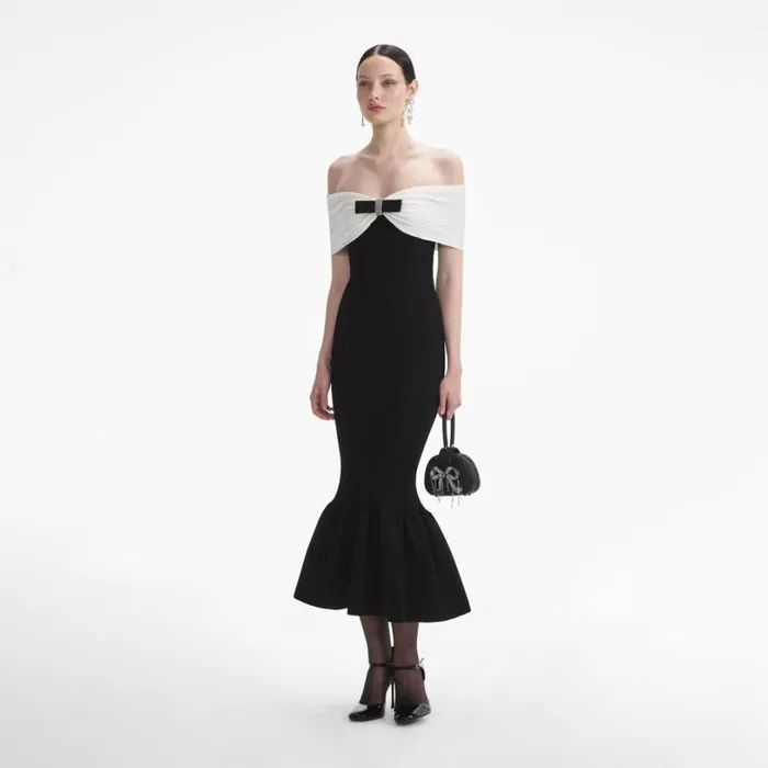 Black Knit Bow Midi Dress Women Self Portrait Dresses