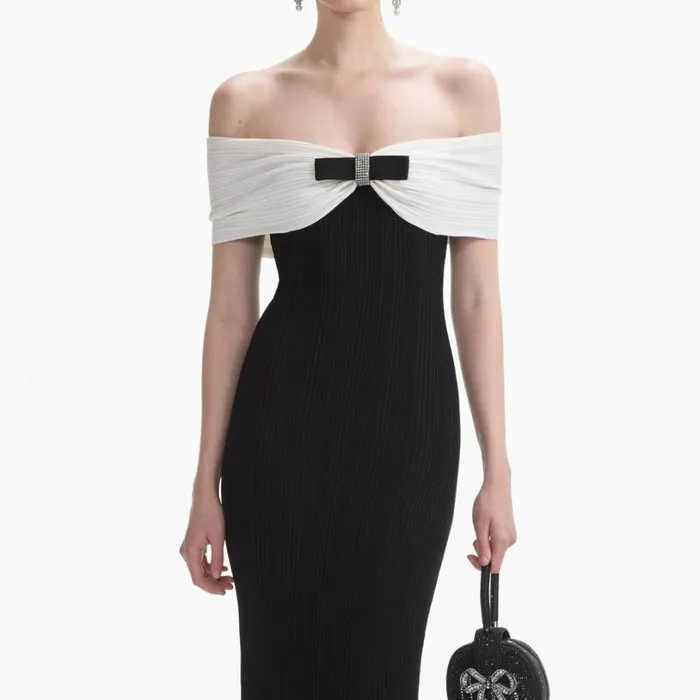 Black Knit Bow Midi Dress Women Self Portrait Dresses