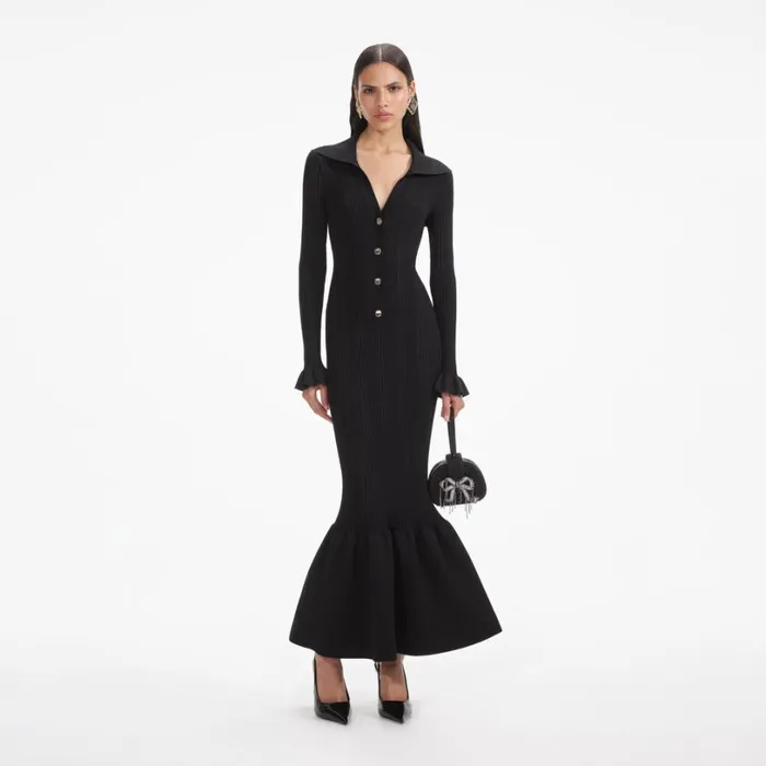 Black Ribbed Knit Fluted Midi Dress Women Self Portrait Dresses