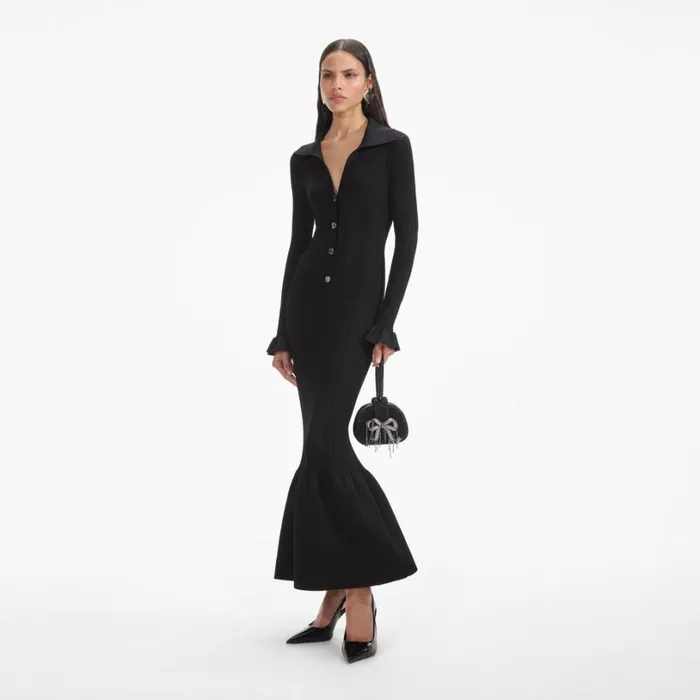 Black Ribbed Knit Fluted Midi Dress Women Self Portrait Dresses Black Ribbed Knit Fluted Midi Dress Women Self Portrait Dresses