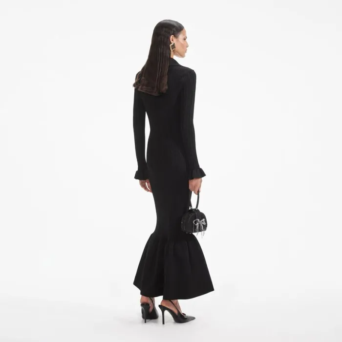 Black Ribbed Knit Fluted Midi Dress Women Self Portrait Dresses Black Ribbed Knit Fluted Midi Dress Women Self Portrait Dresses